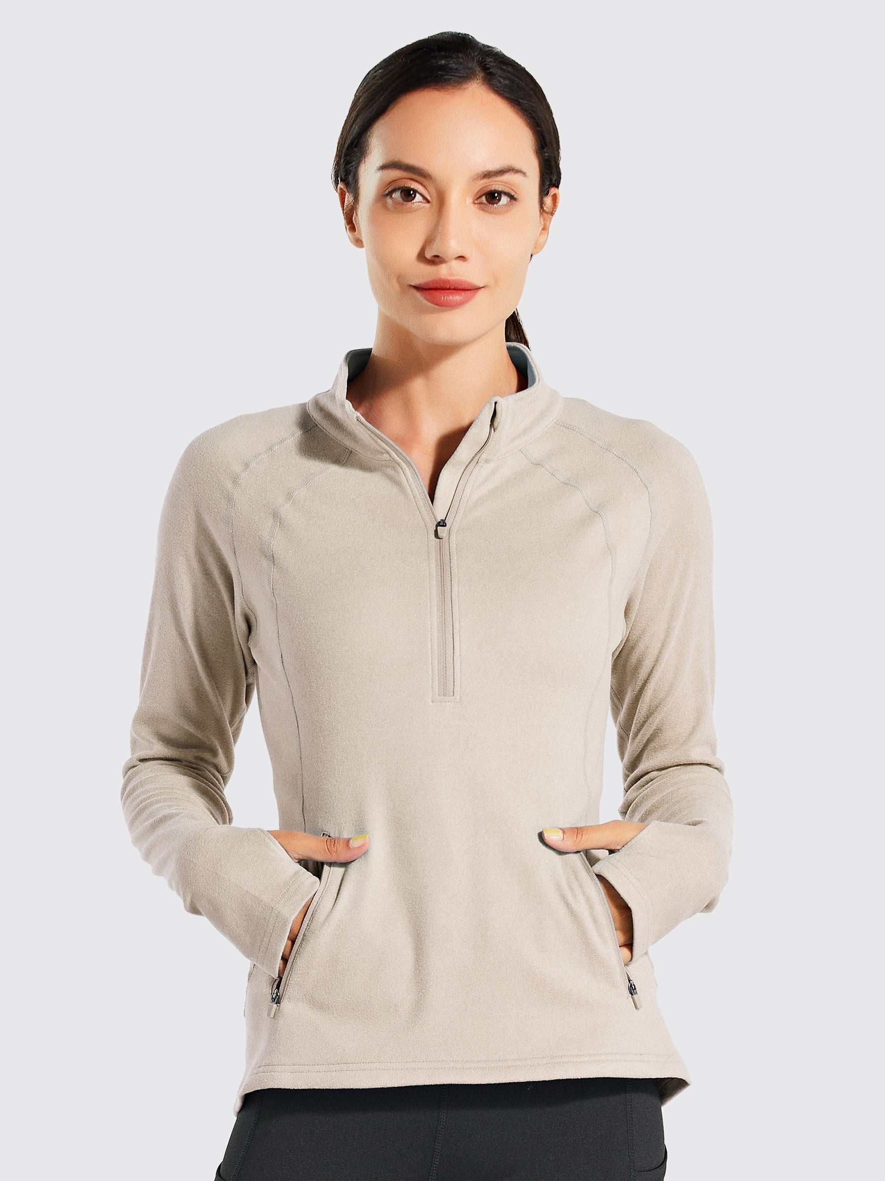 Willit Women's Fleece Pullover Half Zip_Milktea3
