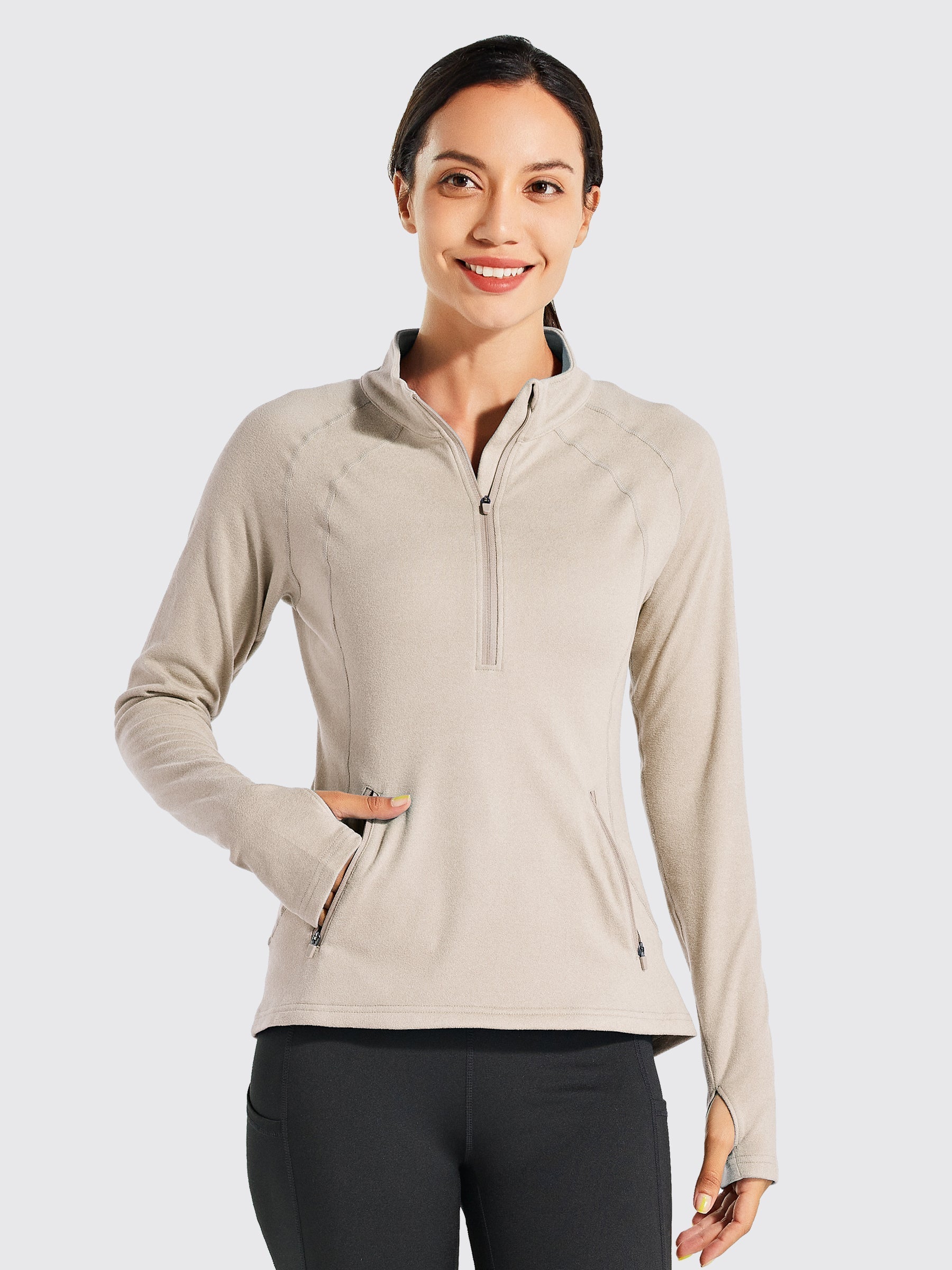 Willit Women's Fleece Pullover Half Zip_Milktea4
