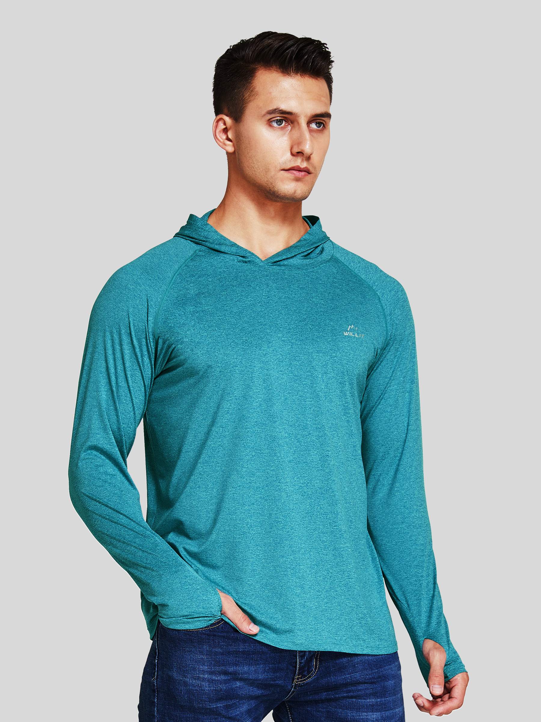 Willit Men's Sun Protection Long Sleeve Hooded Shirts in teal