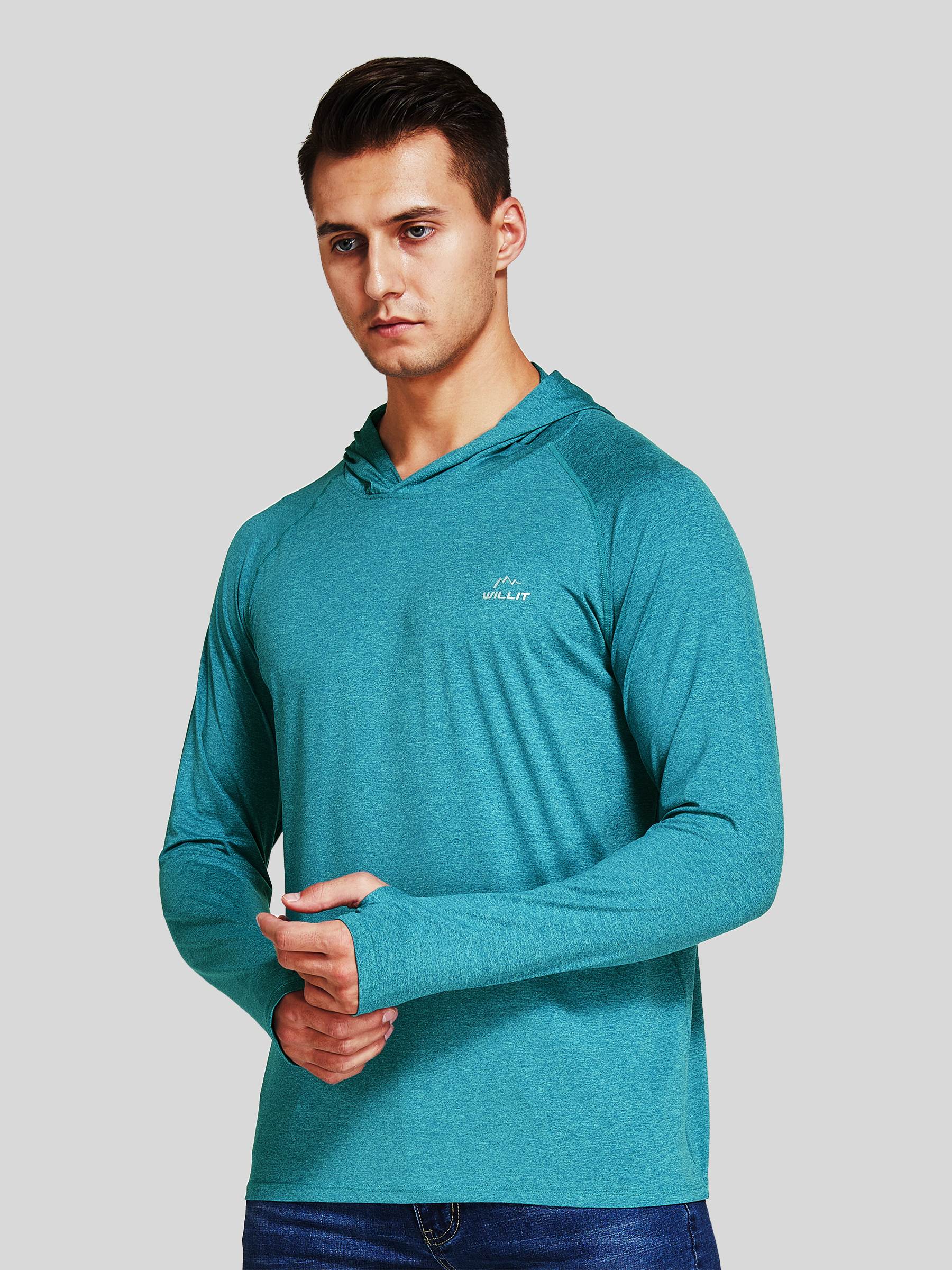 Willit Men's Sun Protection Long Sleeve Hooded Shirts in teal