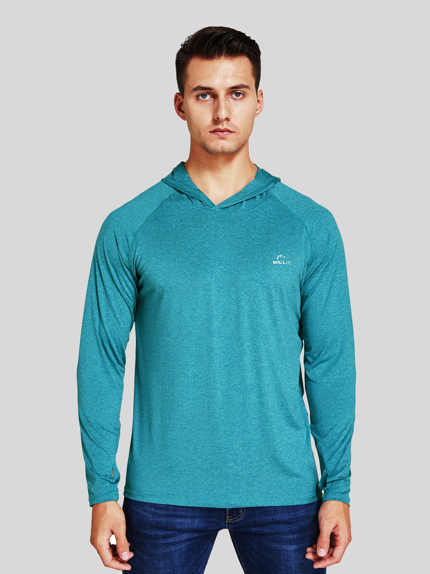 Willit Men's Sun Protection Long Sleeve Hooded Shirts in teal
