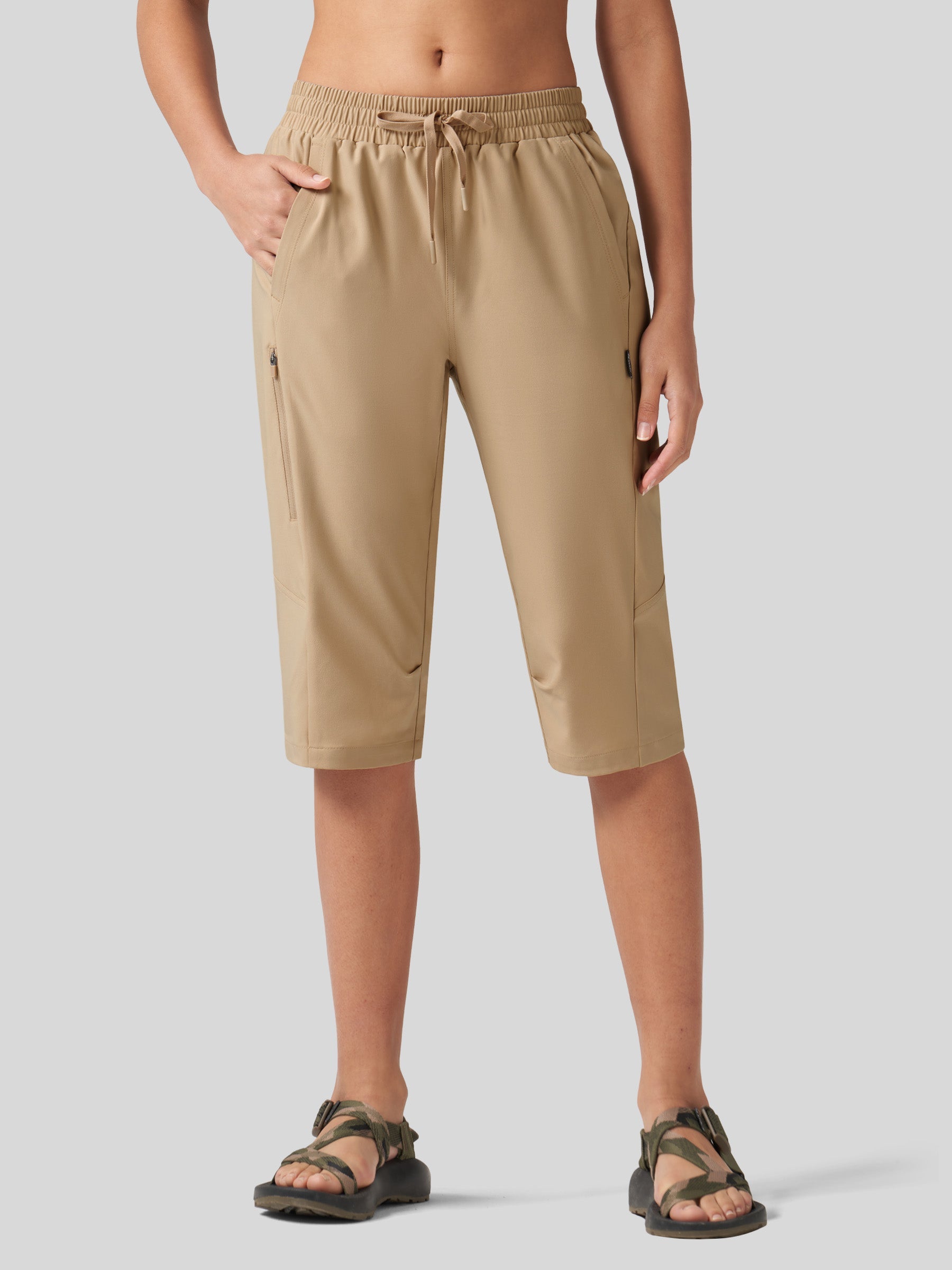 Willit Women's 15 Inch Long Hiking Shorts in deep khaki1