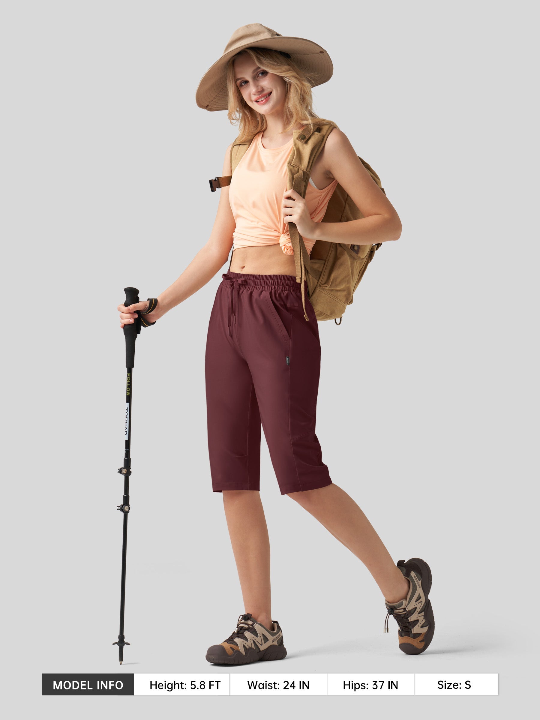 Willit Women's 15 Inch Long Hiking Shorts in wine red5