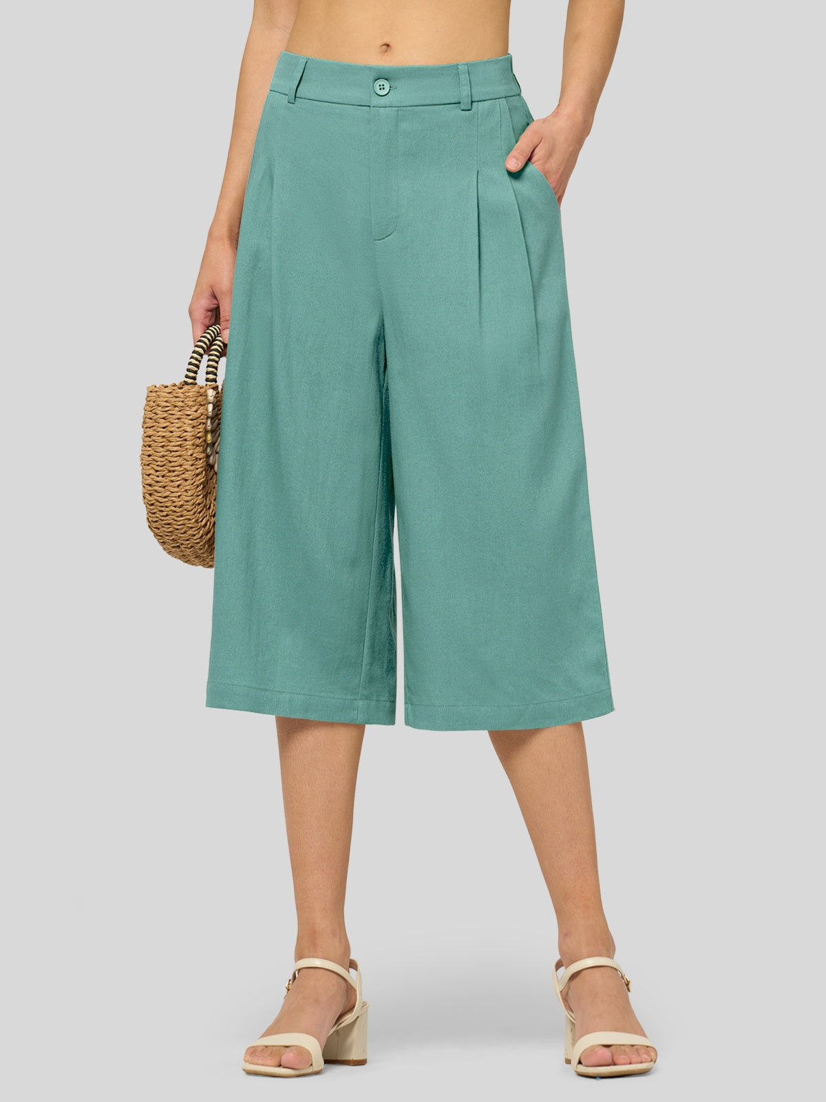 Willit Women's Cotton Linen Pleated Capri 16 Inch_lake green