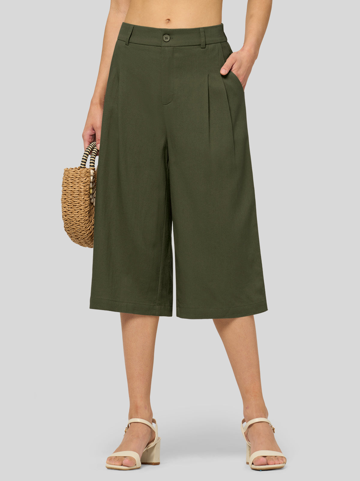 Willit Women's Cotton Linen Pleated Capri 16 Inch_army green