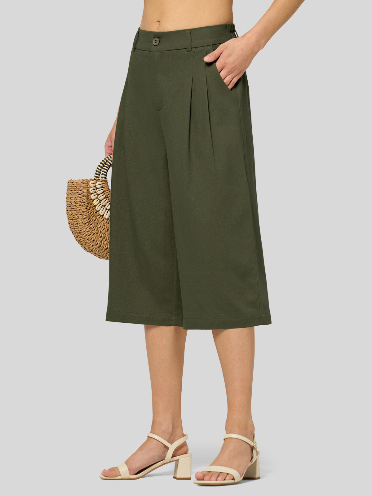 Willit Women's Cotton Linen Pleated Capri 16 Inch_army green