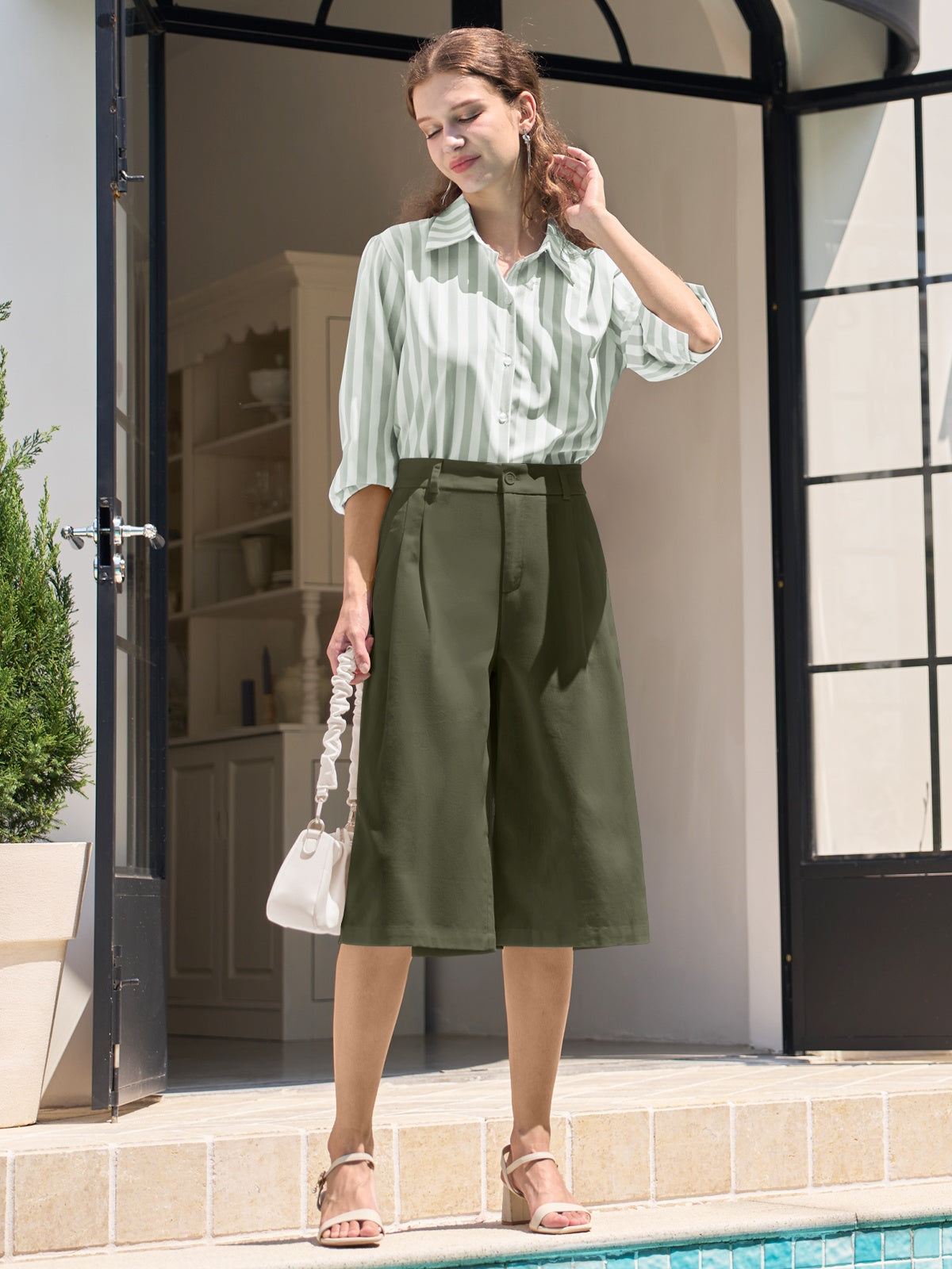 Willit Women's Cotton Linen Pleated Capri 16 Inch_army green