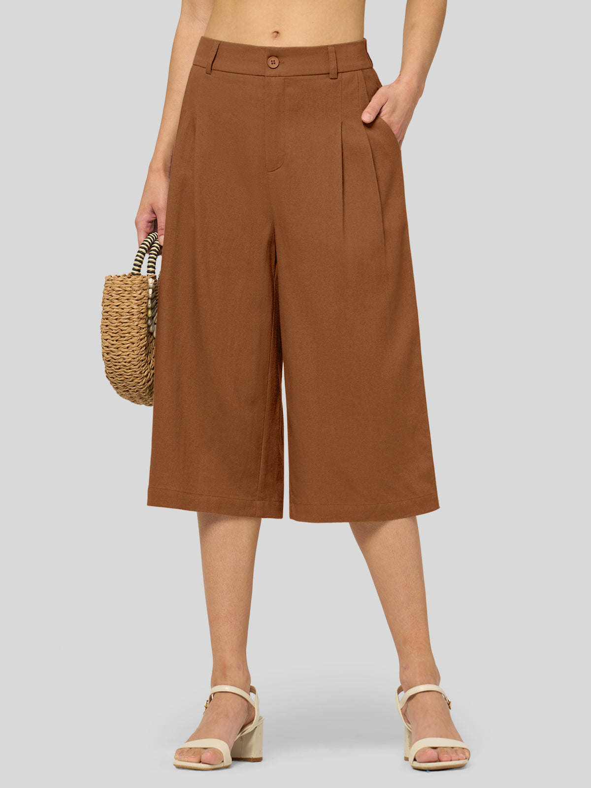 Willit Women's Cotton Linen Pleated Capri 16 Inch_caramel