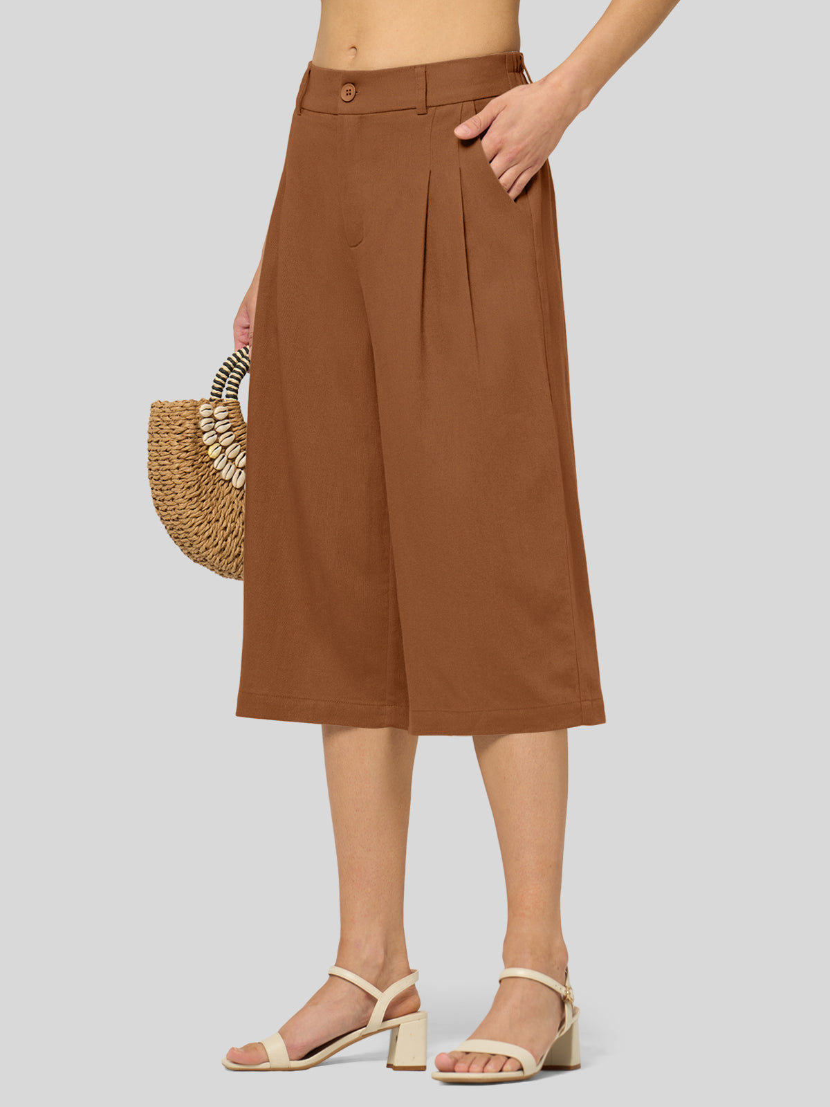 Willit Women's Cotton Linen Pleated Capri 16 Inch_caramel