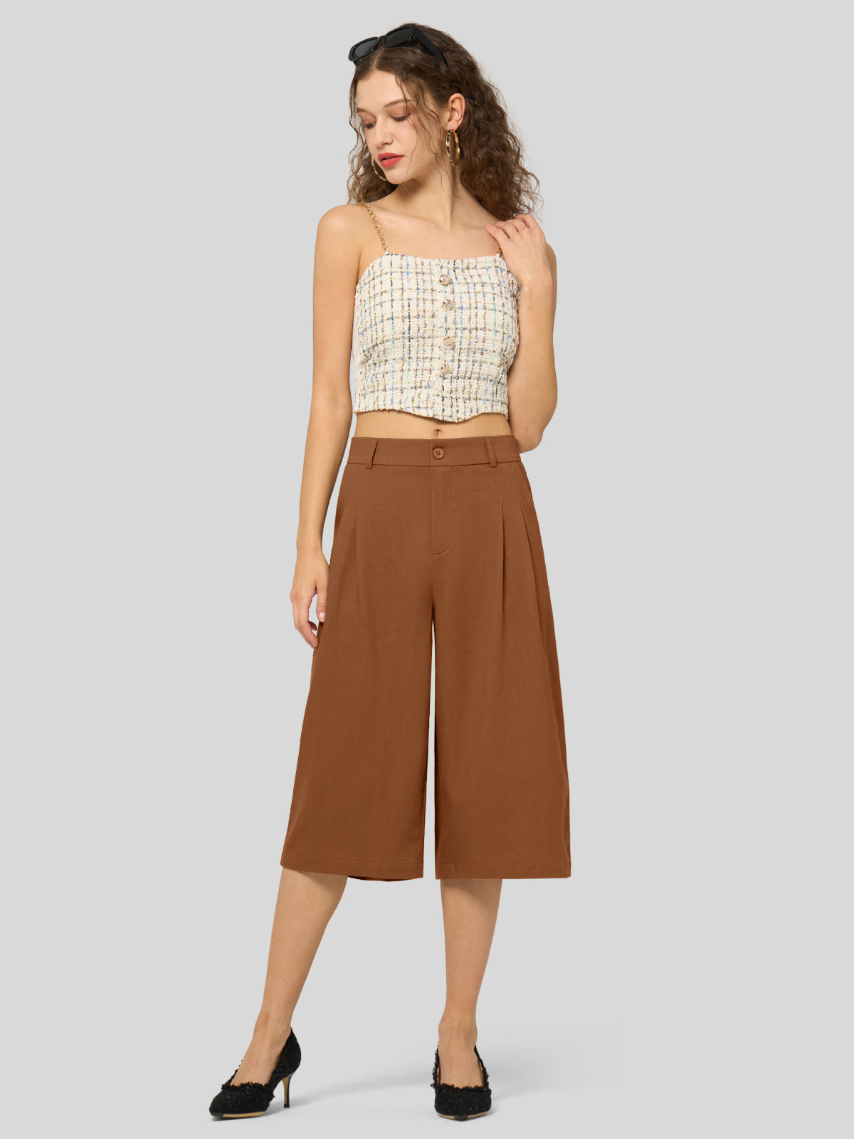 Willit Women's Cotton Linen Pleated Capri 16 Inch_caramel