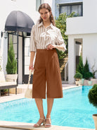 Willit Women's Cotton Linen Pleated Capri 16 Inch_caramel