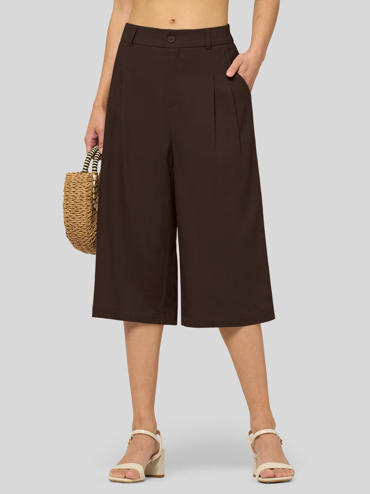 Willit Women's Cotton Linen Pleated Capri 16 Inch_dark brown