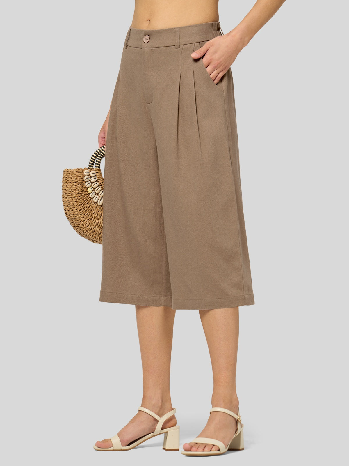 Willit Women's Cotton Linen Pleated Capri 16 Inch_deep khaki