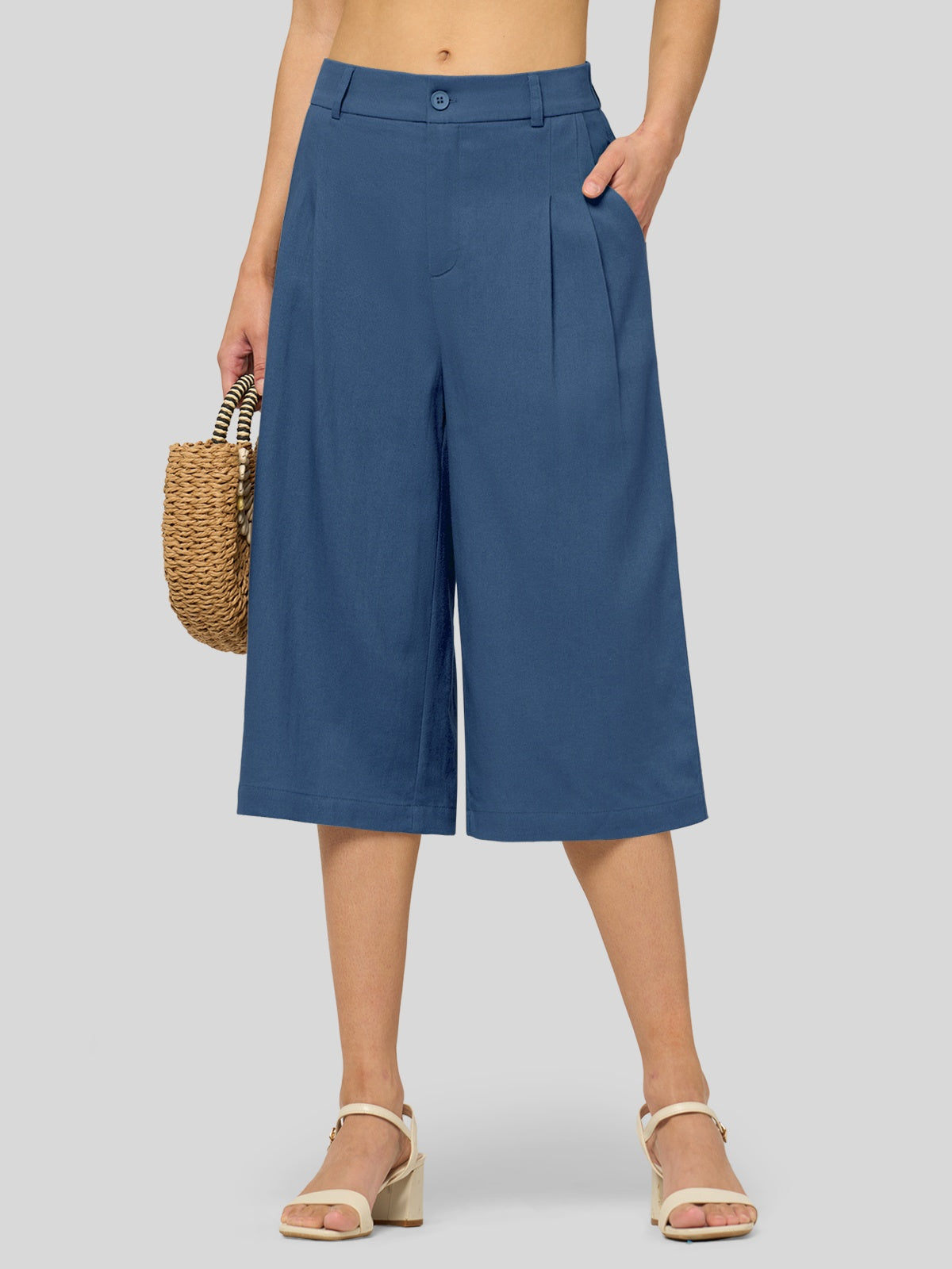 Willit Women's Cotton Linen Pleated Capri 16 Inch_denimblue