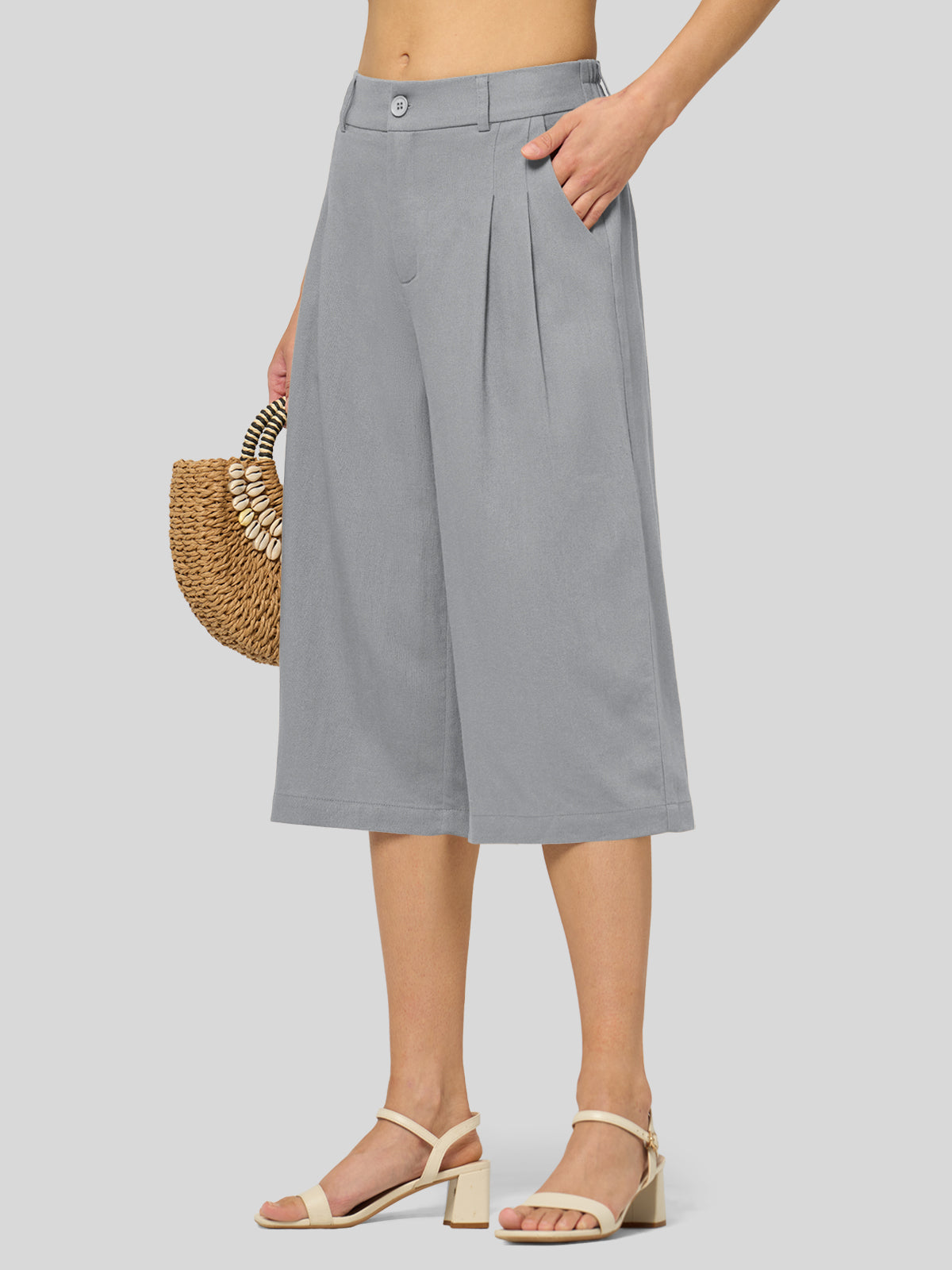 Willit Women's Cotton Linen Pleated Capri 16 Inch_light gray
