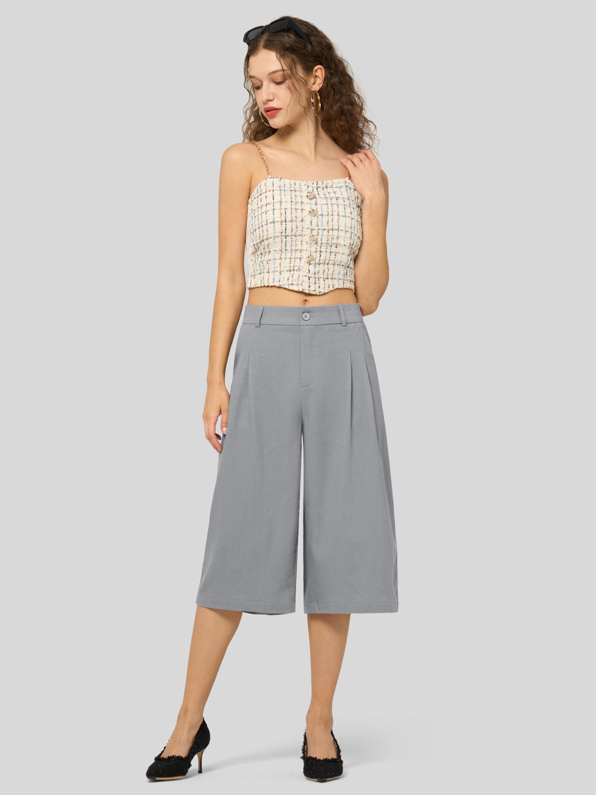 Willit Women's Cotton Linen Pleated Capri 16 Inch_light gray