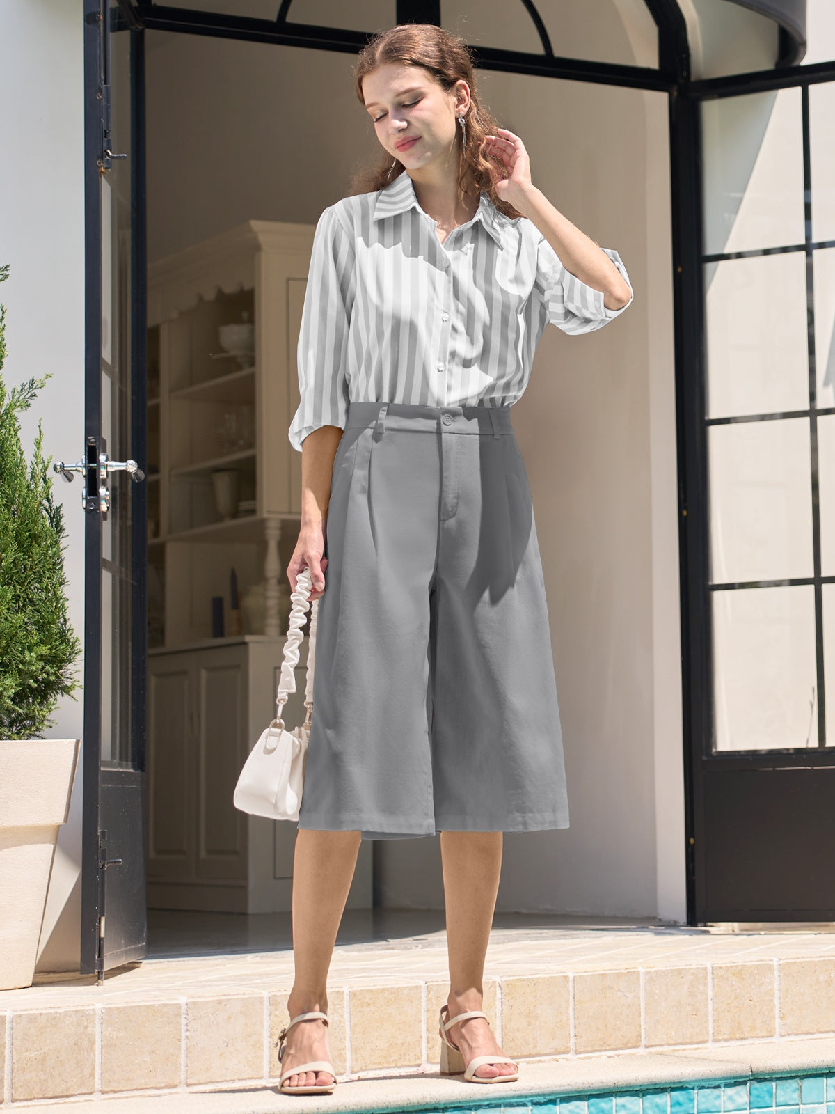 Willit Women's Cotton Linen Pleated Capri 16 Inch_light gray