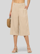 Willit Women's Cotton Linen Pleated Capri 16 Inch_light khaki
