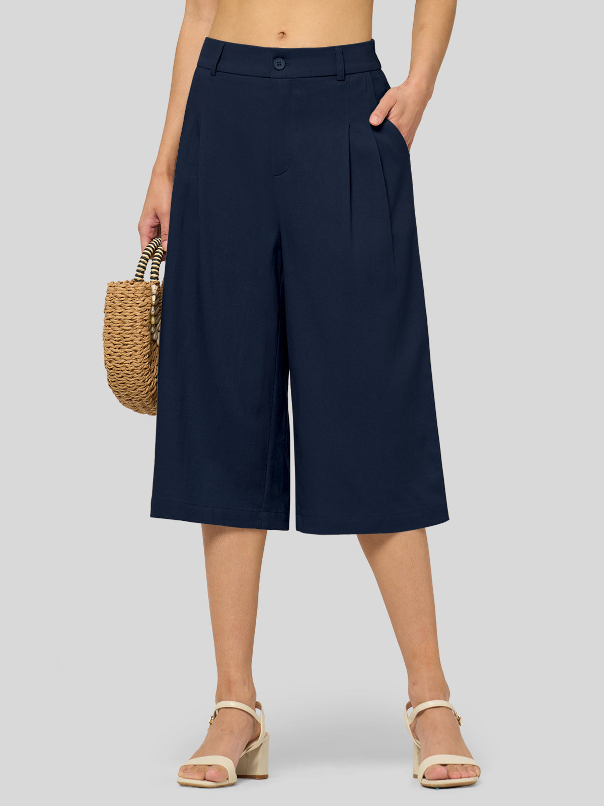 Willit Women's Cotton Linen Pleated Capri 16 Inch_navy