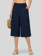 Willit Women's Cotton Linen Pleated Capri 16 Inch_navy