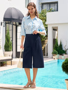 Willit Women's Cotton Linen Pleated Capri 16 Inch_navy