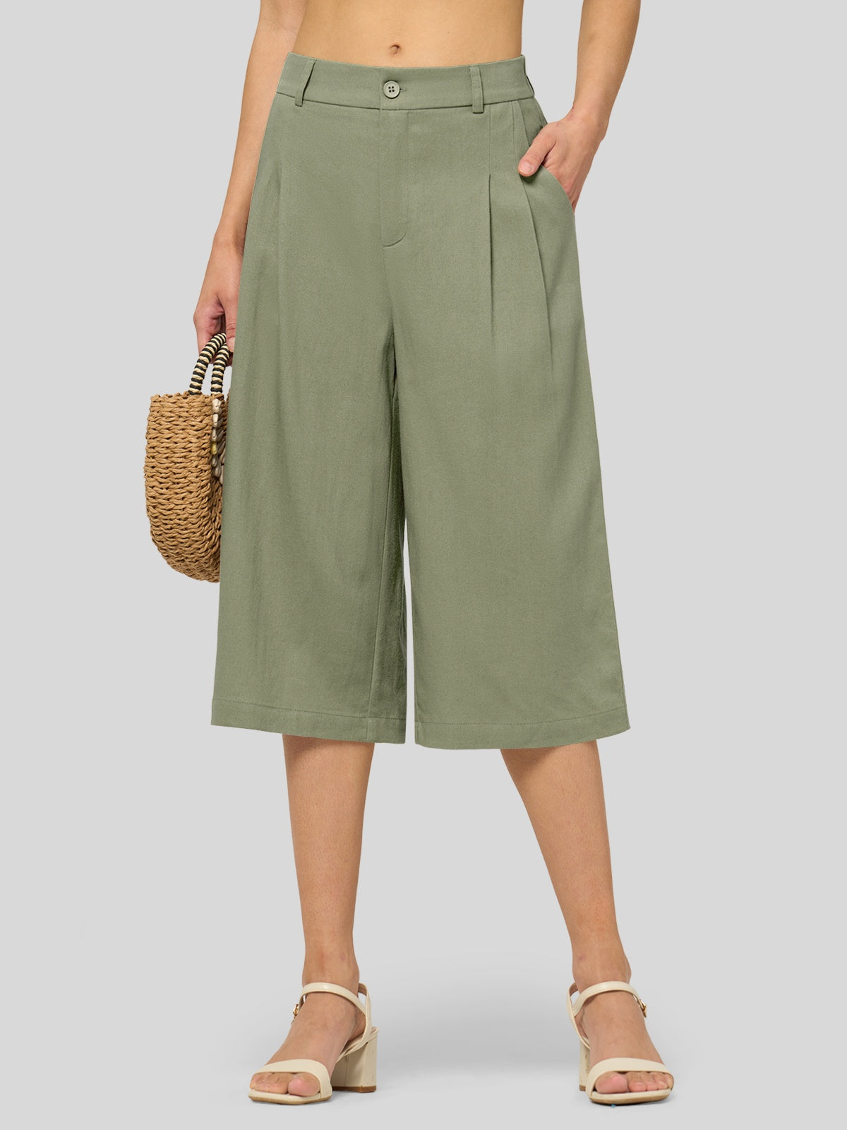 Willit Women's Cotton Linen Pleated Capri 16 Inch_sage green