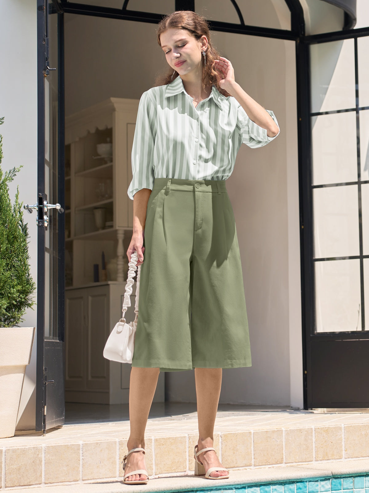 Willit Women's Cotton Linen Pleated Capri 16 Inch_sage green