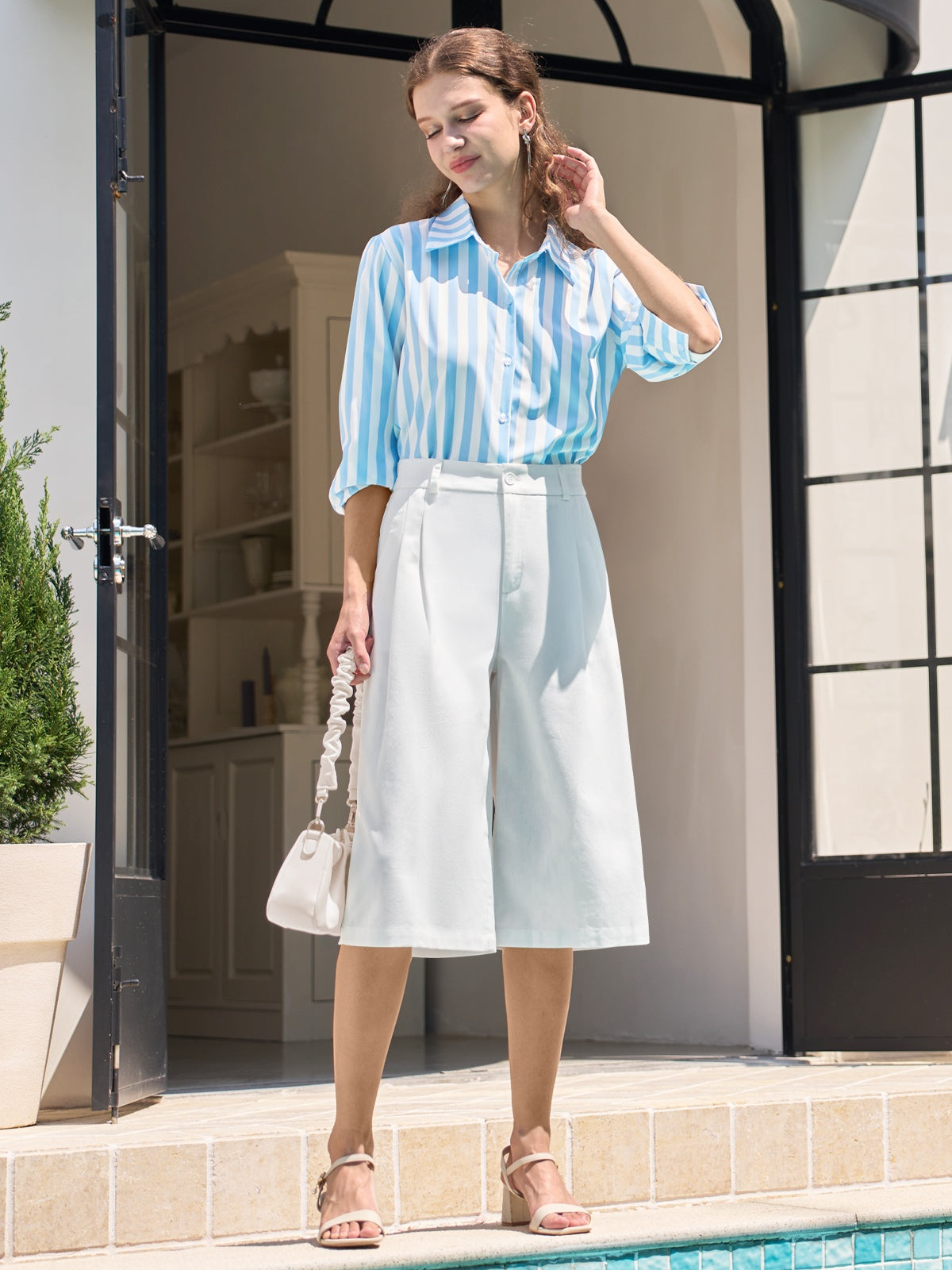 Willit Women's Cotton Linen Pleated Capri 16 Inch_white