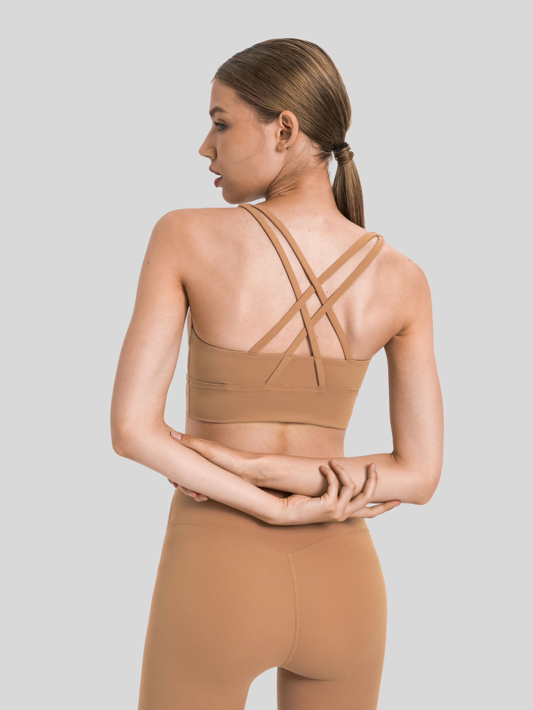 Womens Cross Back Yoga Bra light brown