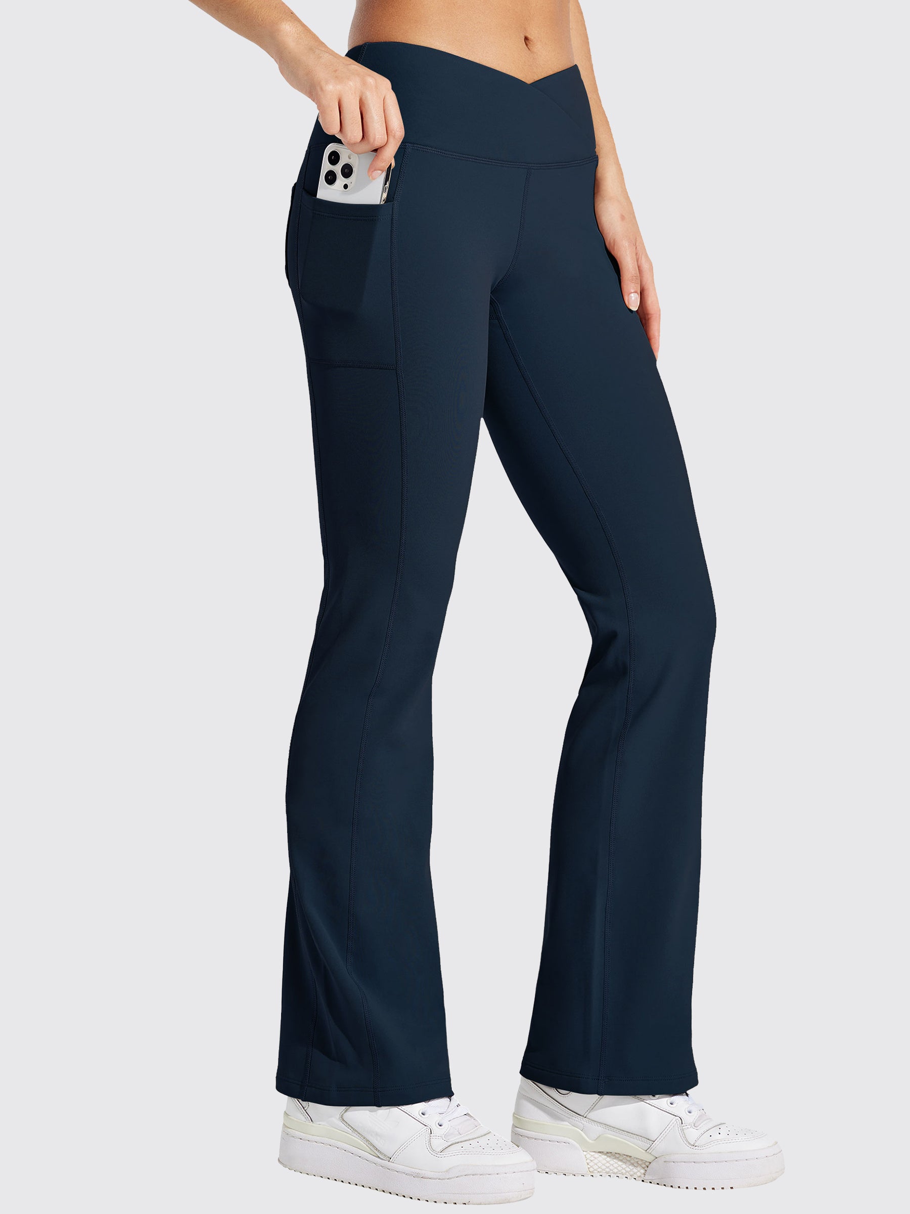 Womens Fleece Lined Crossover Flared Leggings deep blue