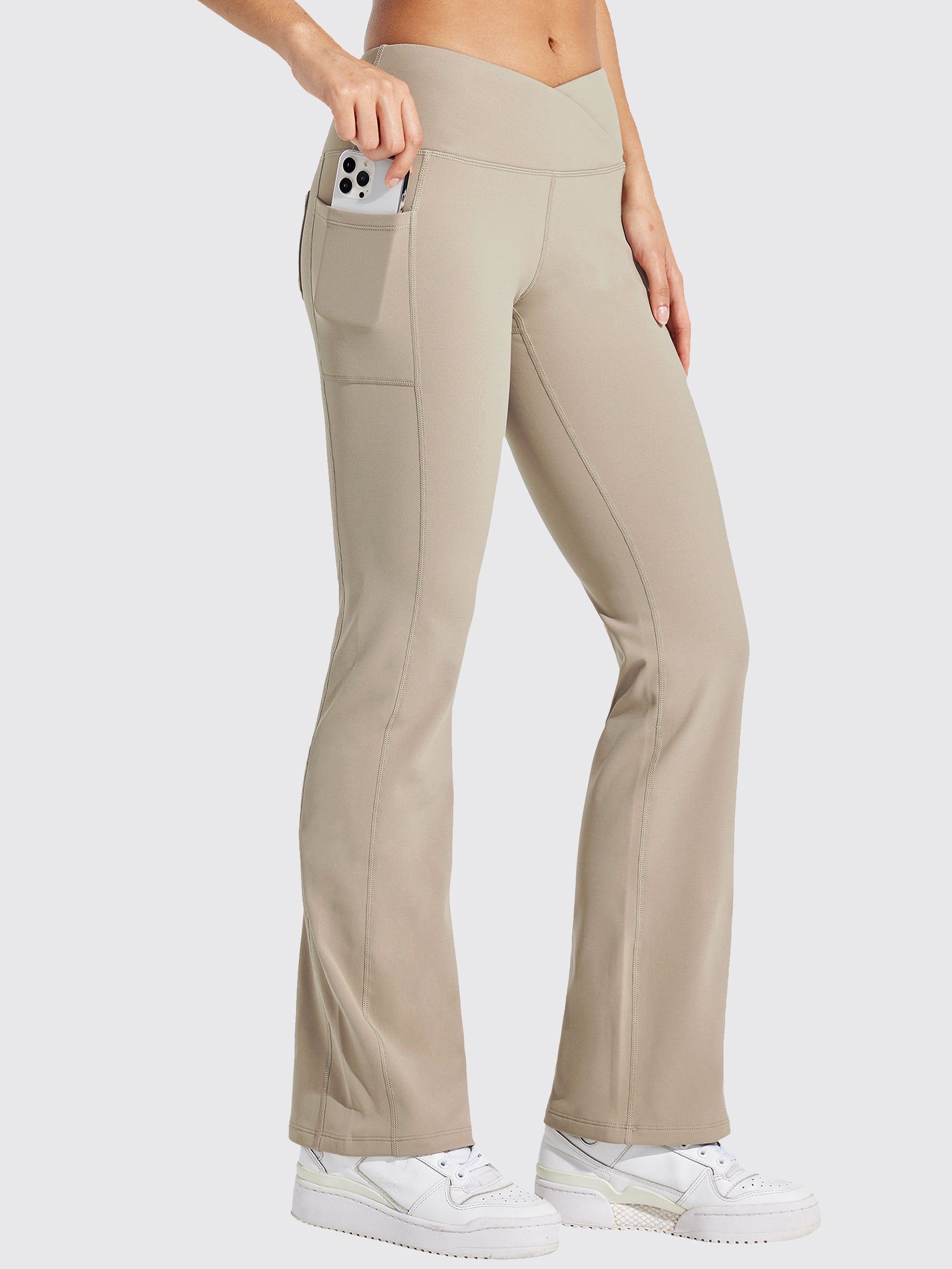 Womens Fleece Lined Crossover Flared Leggings khaki