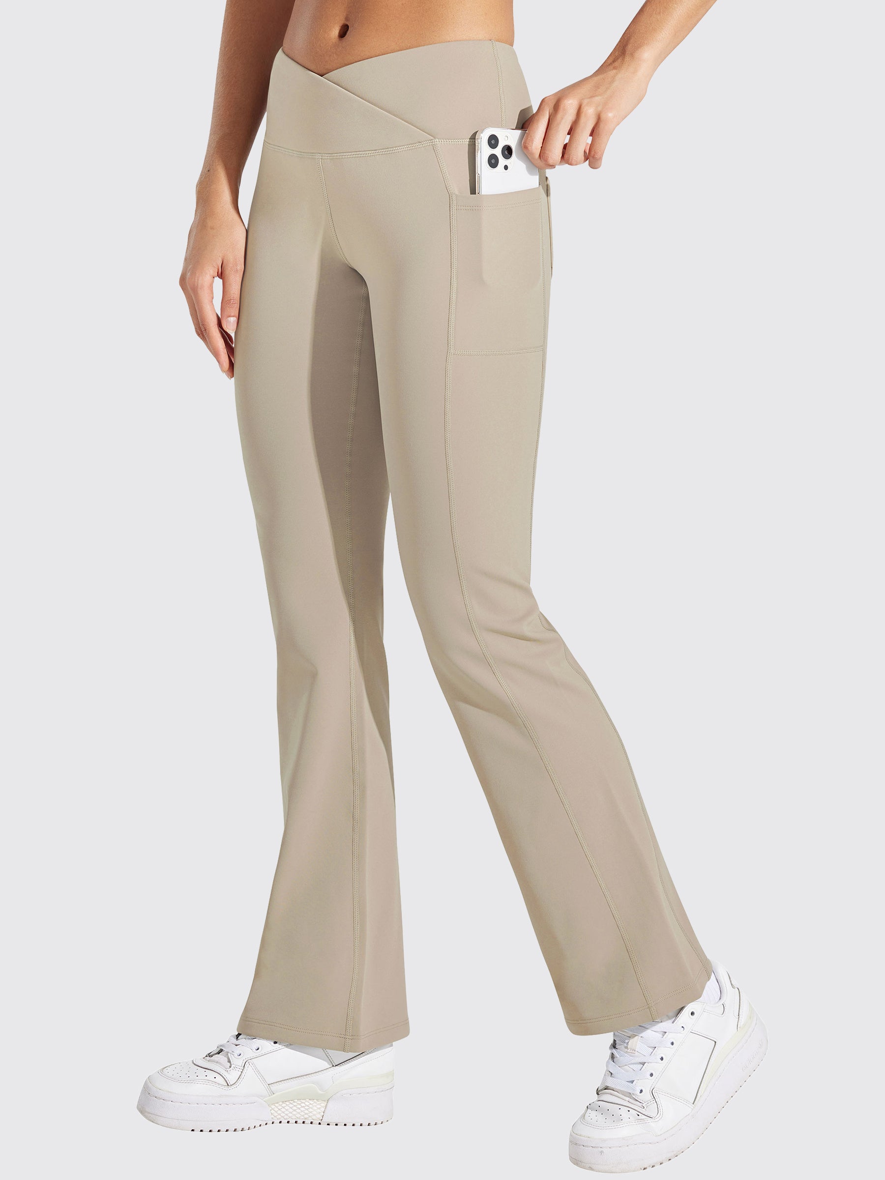 Womens Fleece Lined Crossover Flared Leggings khaki