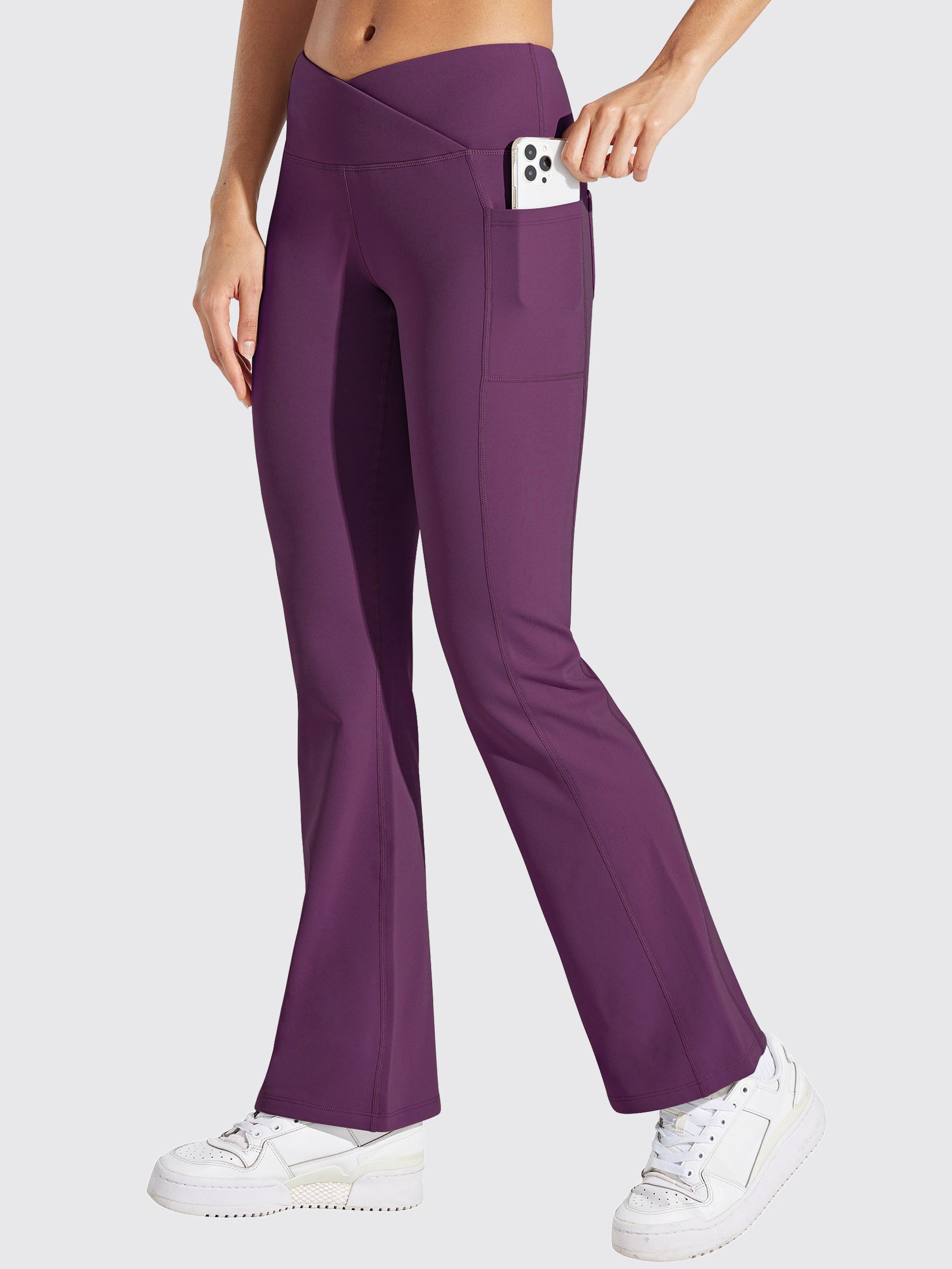 Womens Fleece Lined Crossover Flared Leggings purple