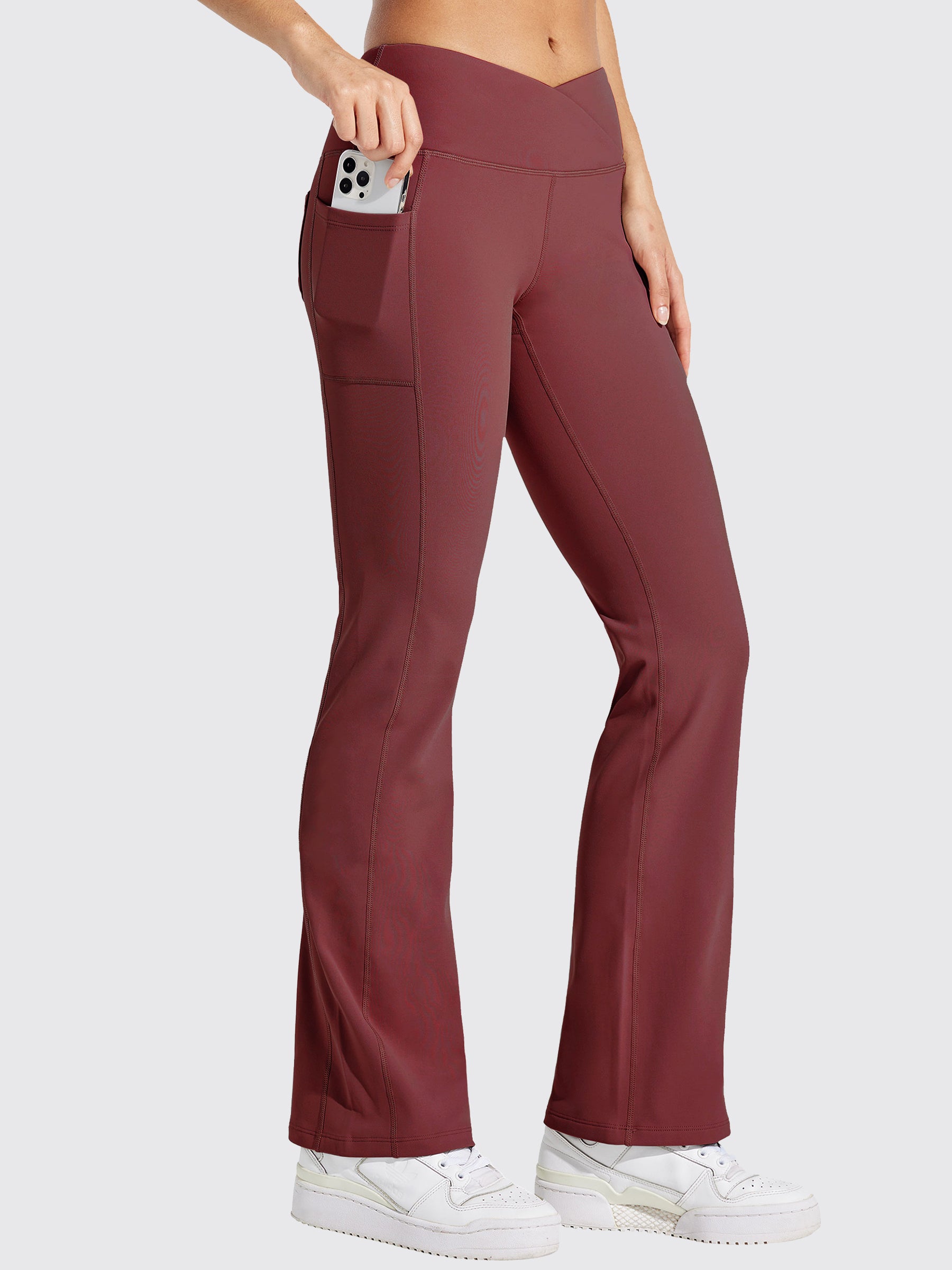 Womens Fleece Lined Crossover Flared Leggings wine