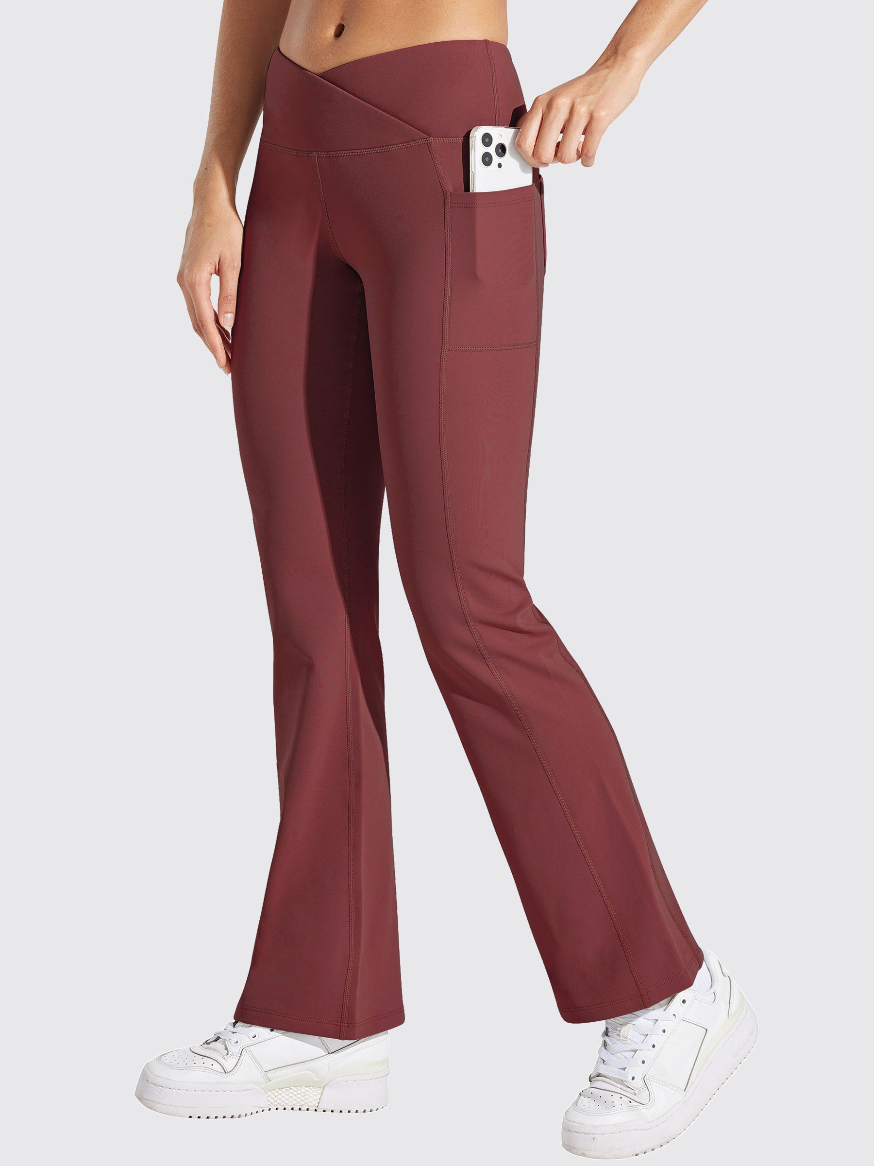 Womens Fleece Lined Crossover Flared Leggings wine