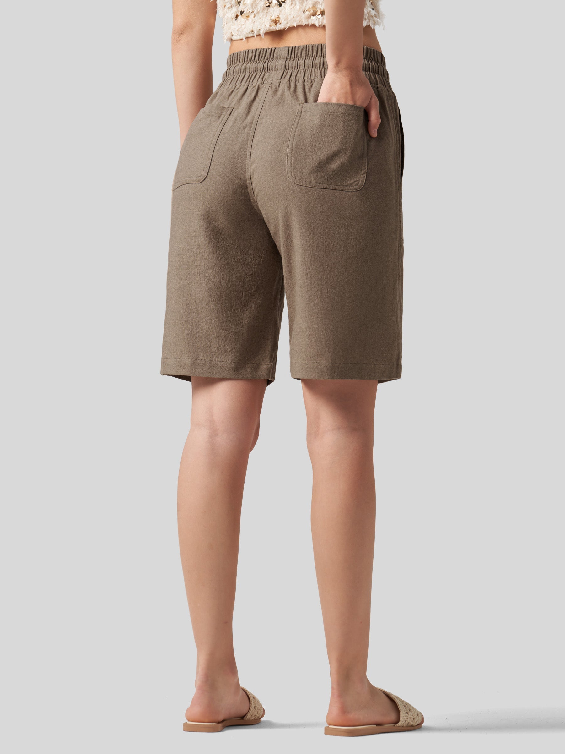 Willit Women's Linen Bermuda Shorts 10 Inch in deep khaki3