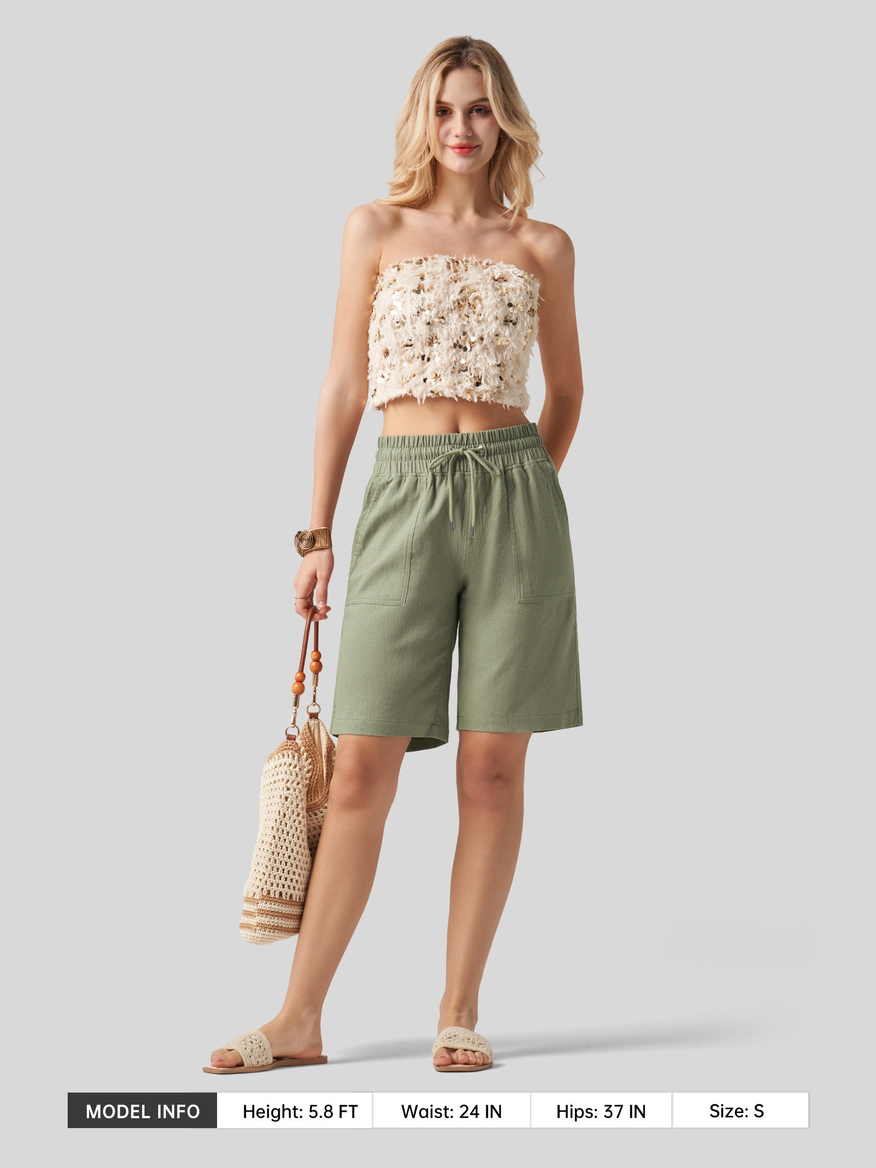 Willit Women's Linen Bermuda Shorts 10 Inch in sage green5