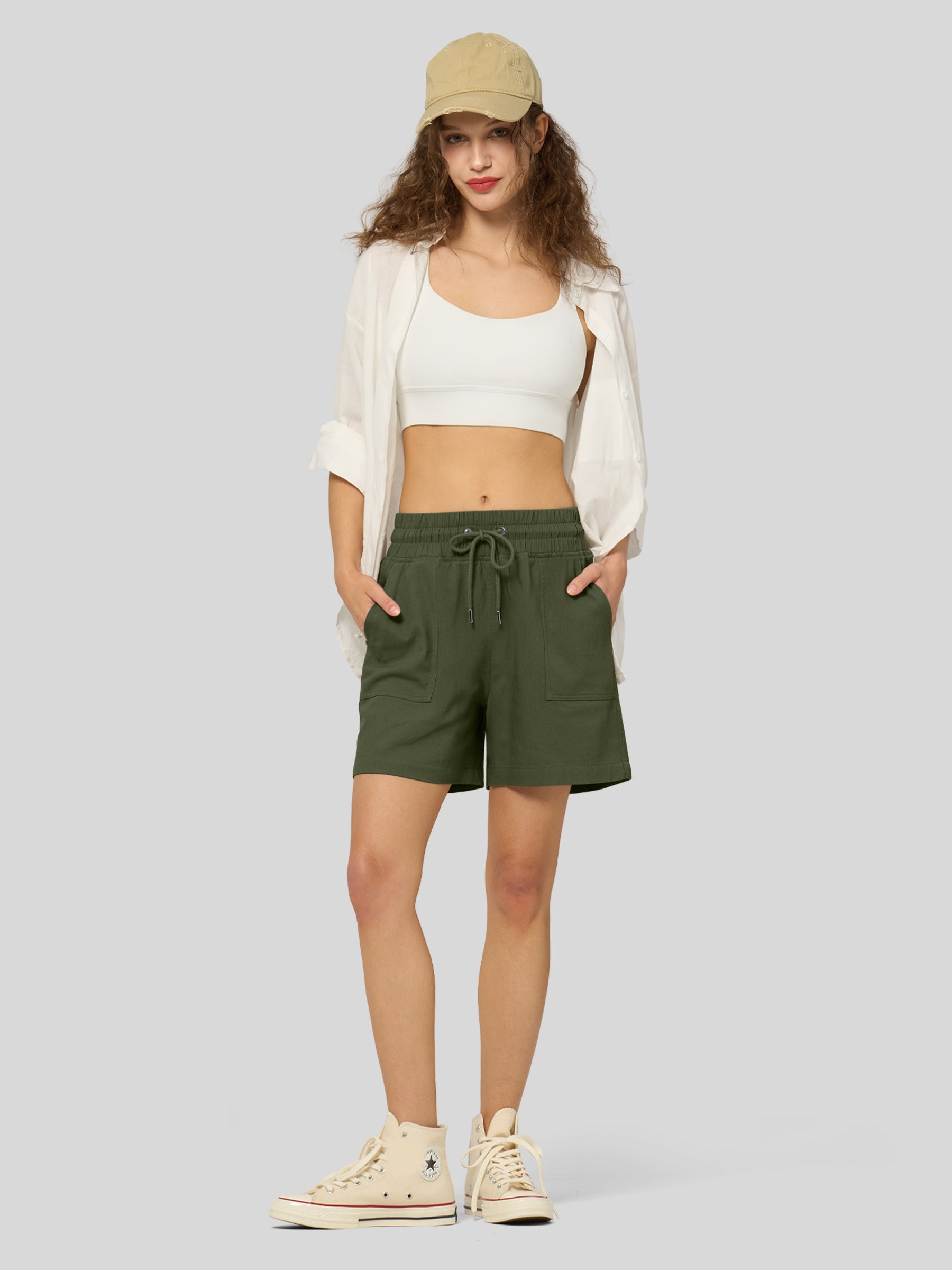 Willit Women's Linen Bermuda Shorts 5 Inch in army green4