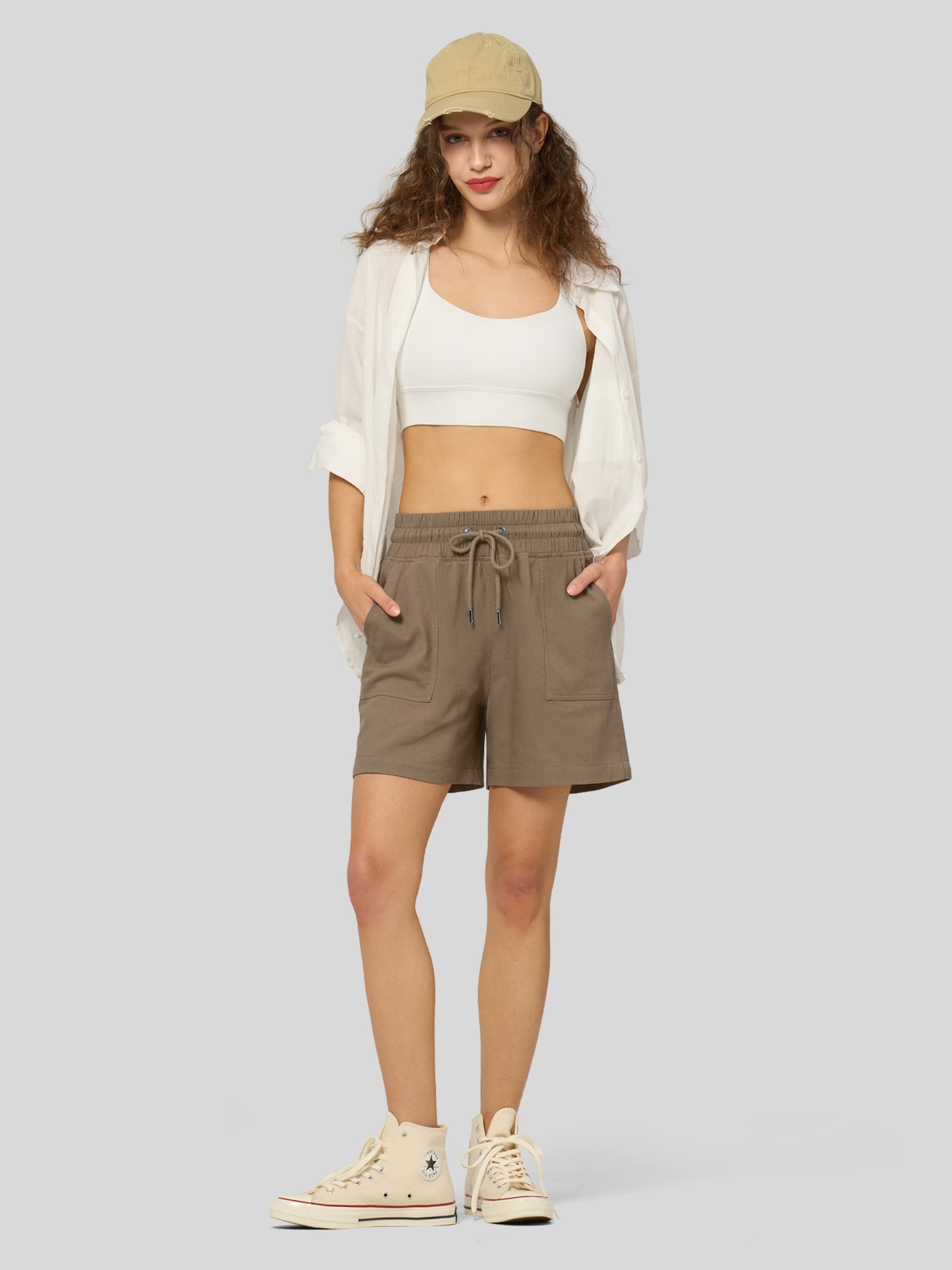 Willit Women's Linen Bermuda Shorts 5 Inch in deep khaki4
