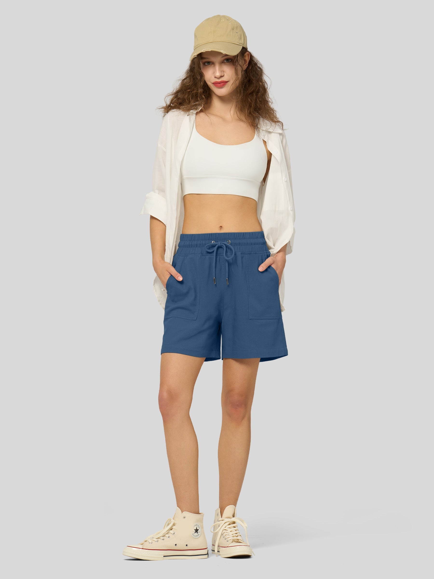 Willit Women's Linen Bermuda Shorts 5 Inch in denim blue4