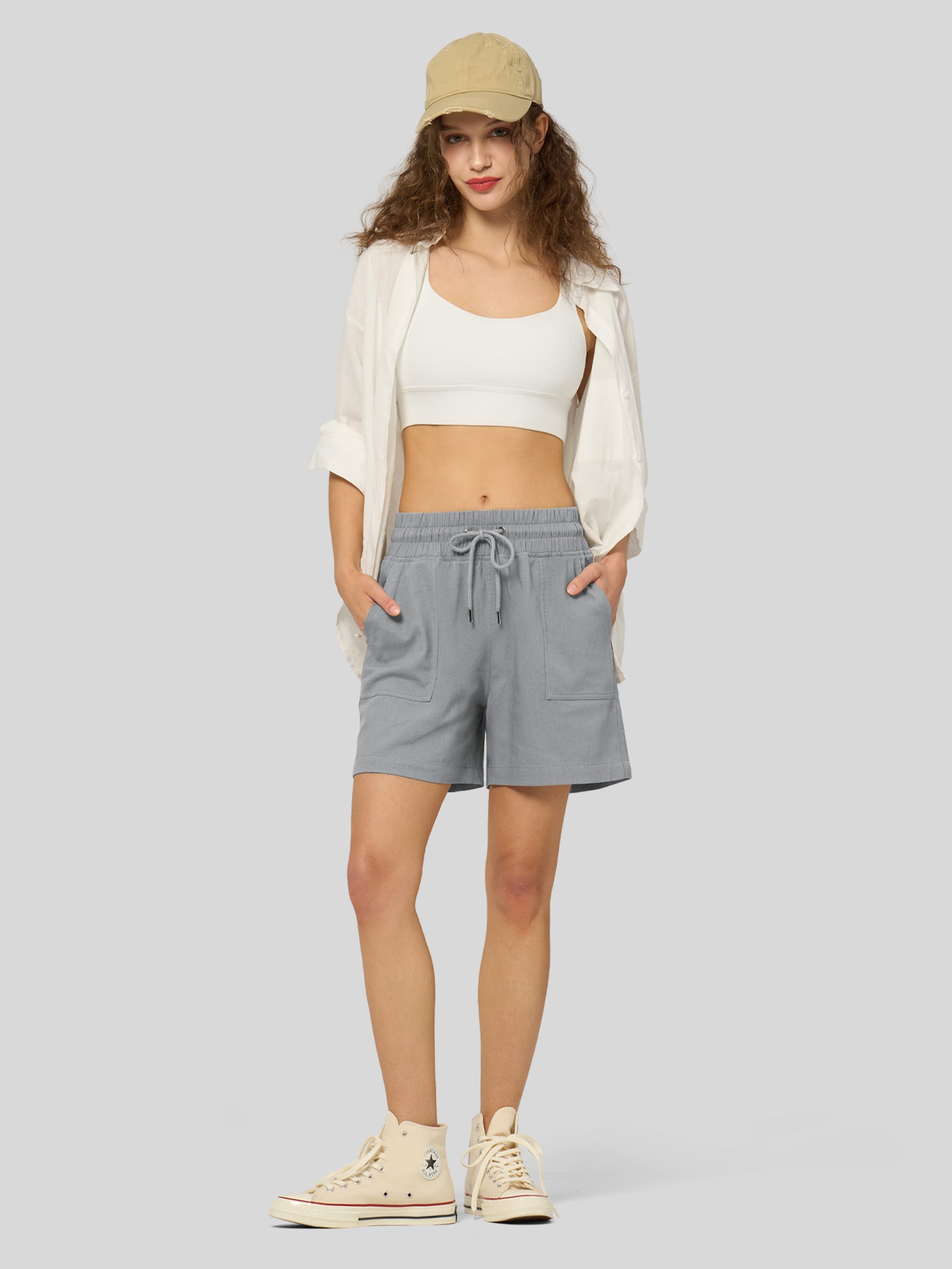 Willit Women's Linen Bermuda Shorts 5 Inch in light gray4