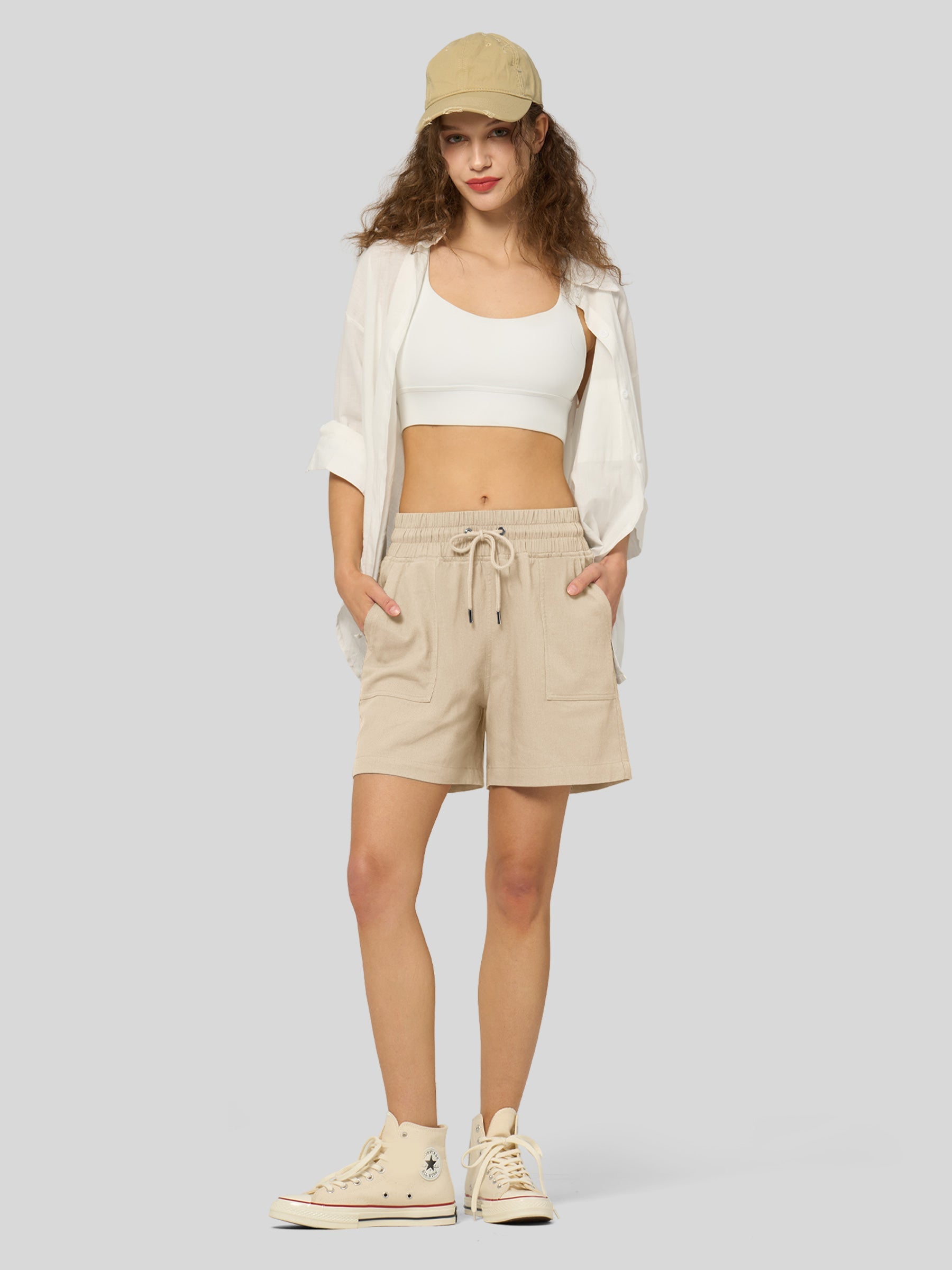 Willit Women's Linen Bermuda Shorts 5 Inch in light khaki4